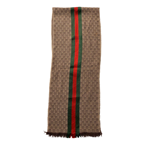 Gucci Brown & Beige GG Logo Print w/ Green Red Stripe Wool Silk Scarf Pre-owned - Picture 8 of 16
